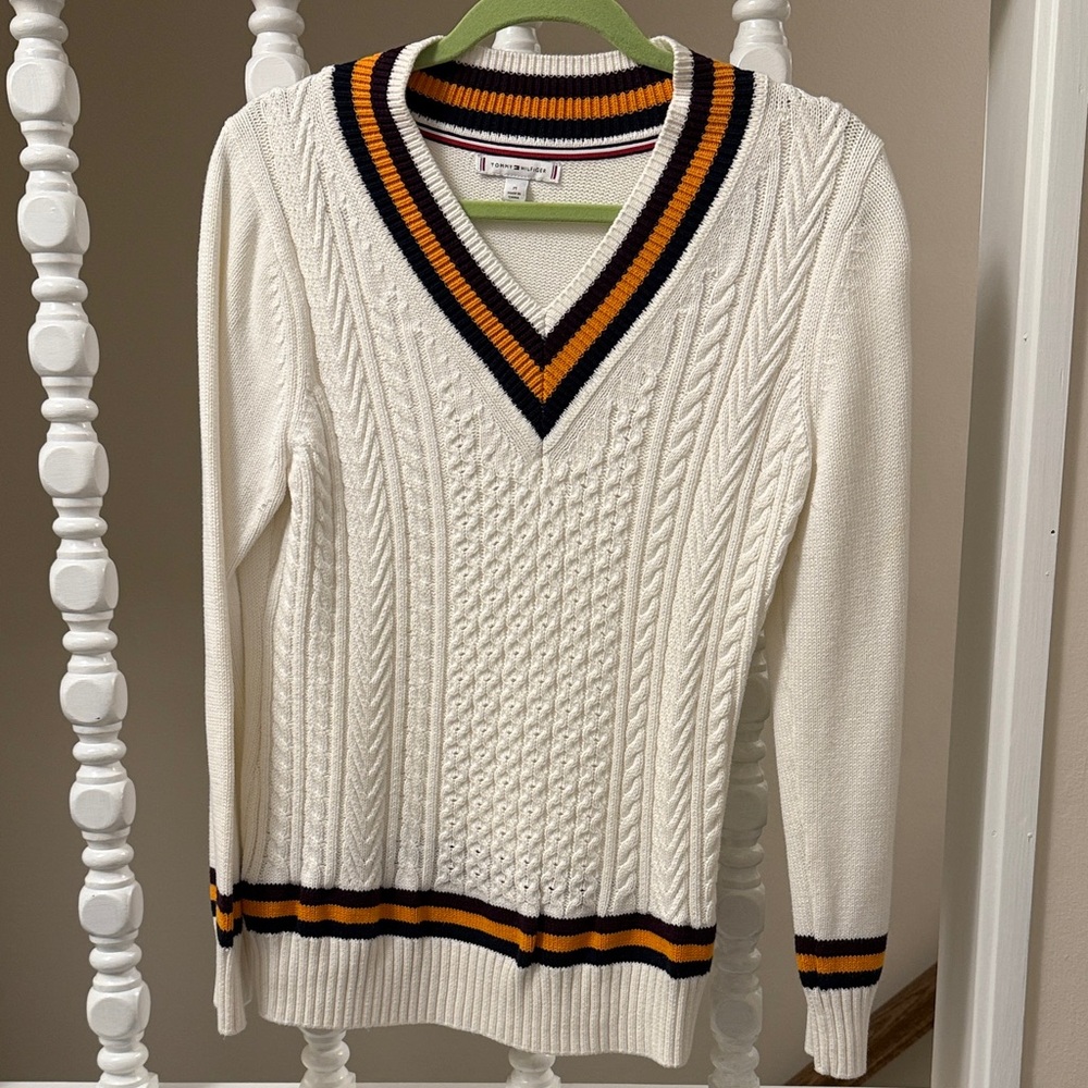 Tommy Hilfiger White V-Neck Sweater with Black and Orange Accents